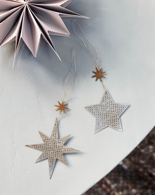 Star Ornaments, Antique Silver, Set of 2