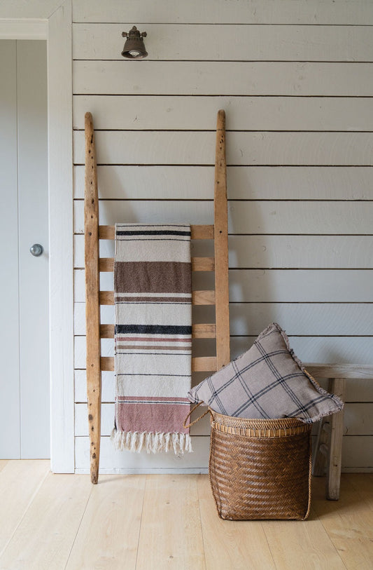 Checked Cushion with Fringes, Taupe