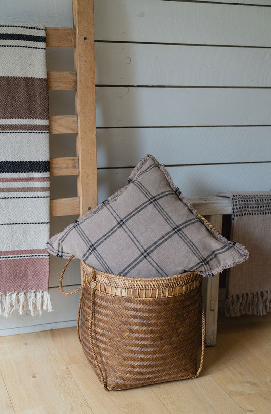 Checked Cushion with Fringes, Taupe